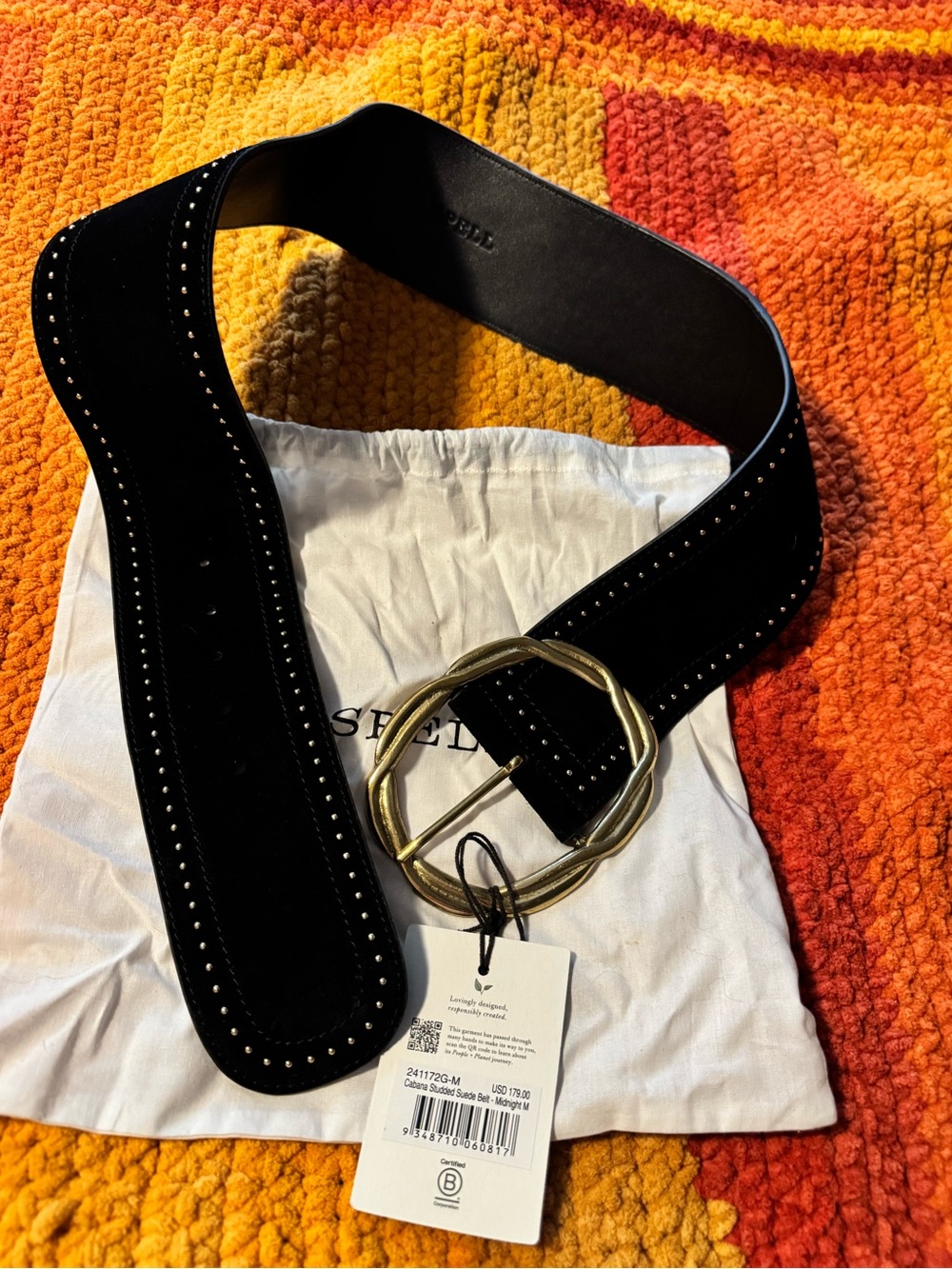 Spell Cabana Studded Suede Wide Belt with Gold Sculpted Buckle